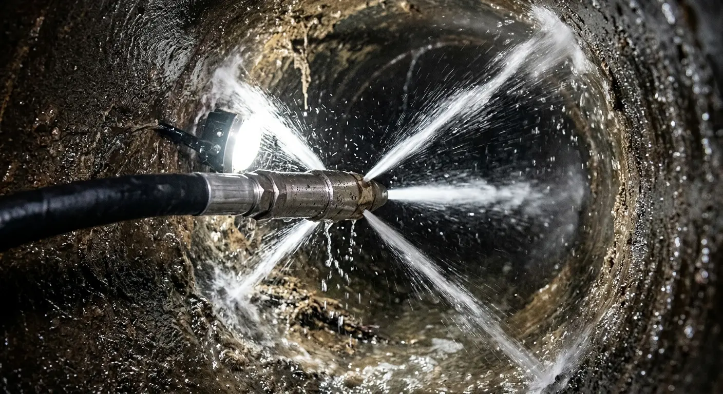 High-pressure hydro jetting nozzle cleaning sewer pipe for Sewer Cleanout in Justin