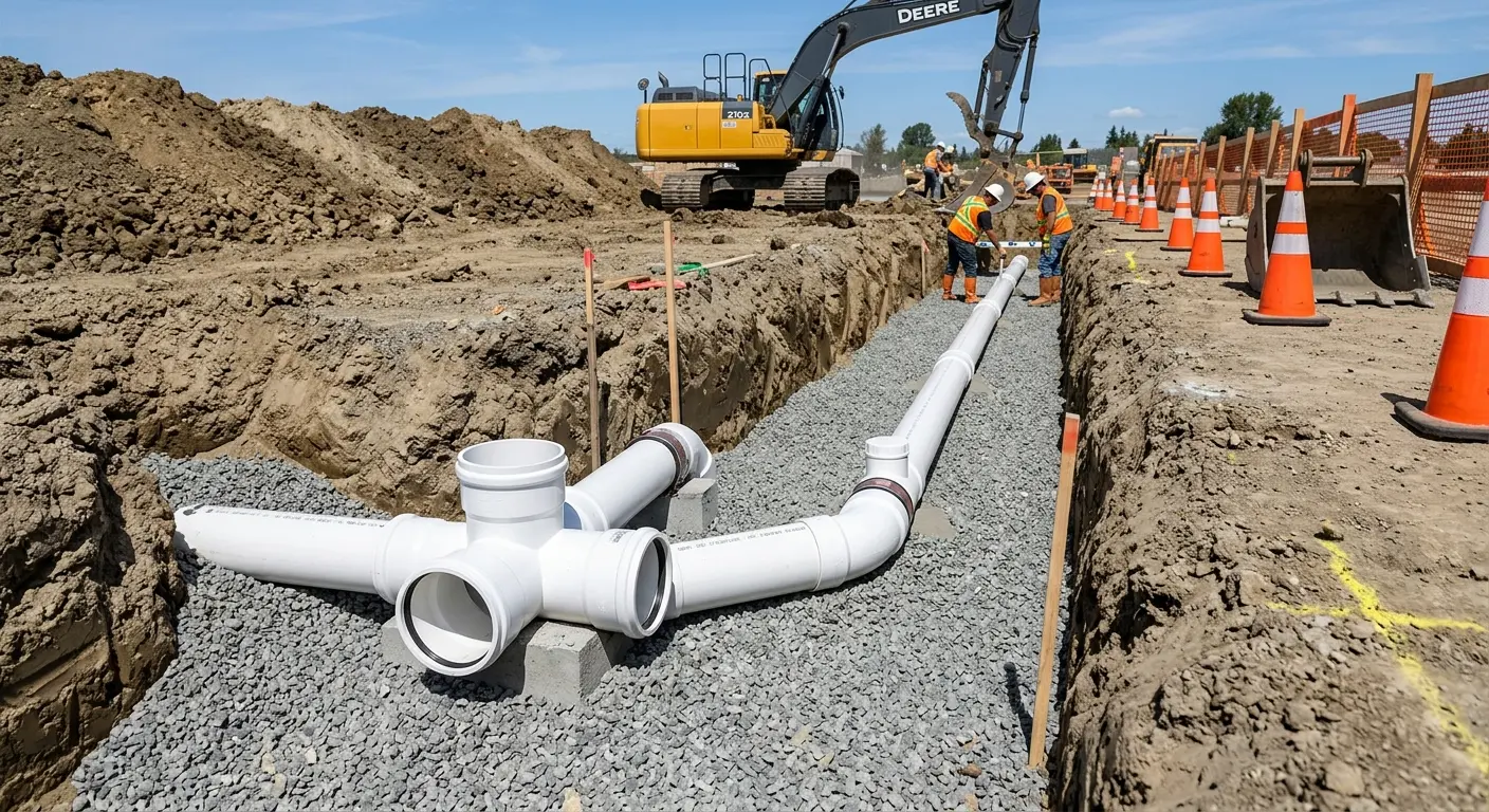 New PVC sewer pipe installation in open trench for Sewer Backup in Justin